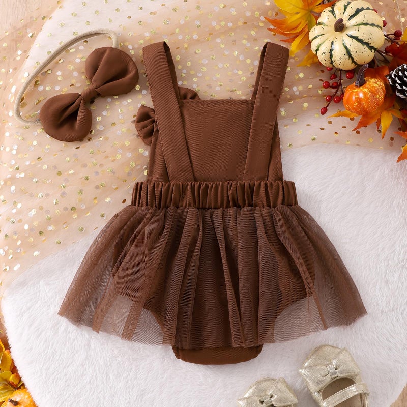 Amnnchya Baby Girl Thanksgiving Outfit Pumpkin Turkey Costumes Sleeveless Tulle Romper Newborn Halloween Outfit Girl (Brown  0-3 Months) - Image 3